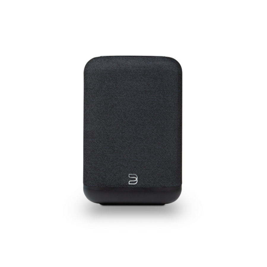 Black portable device with a logo on a white background