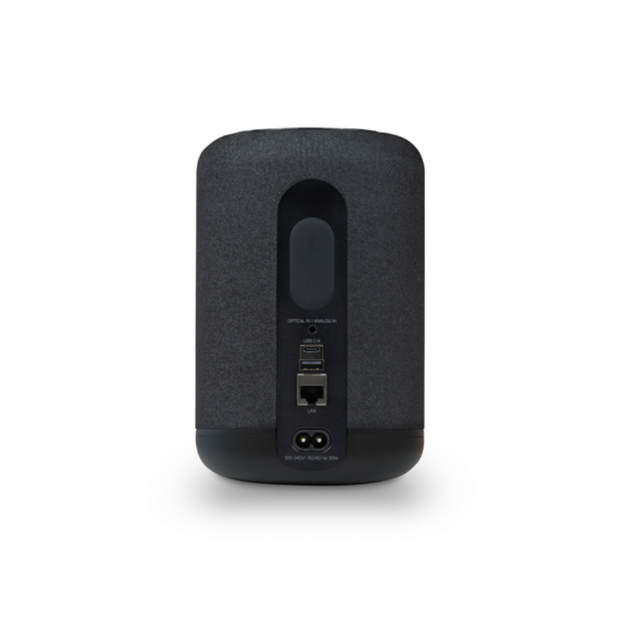 Back view of a black speaker on a white background