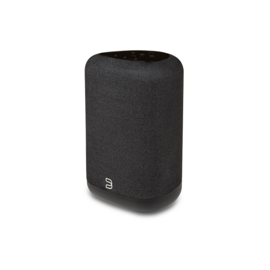 Black cylindrical speaker on a white background