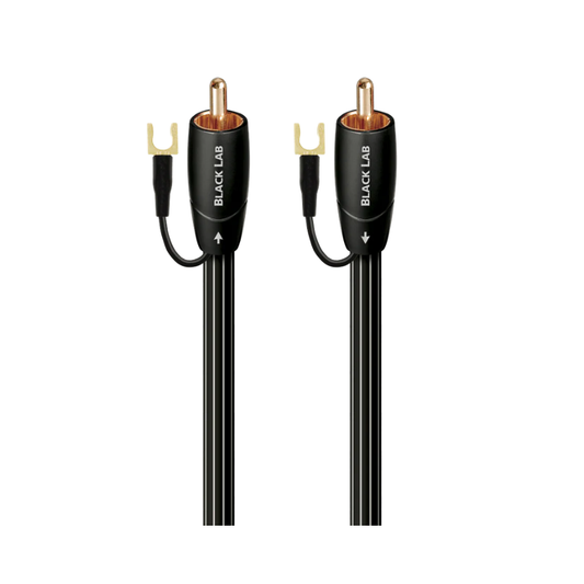 Two black audio cables with RCA connectors on a white background, branded 'Black Lab'.