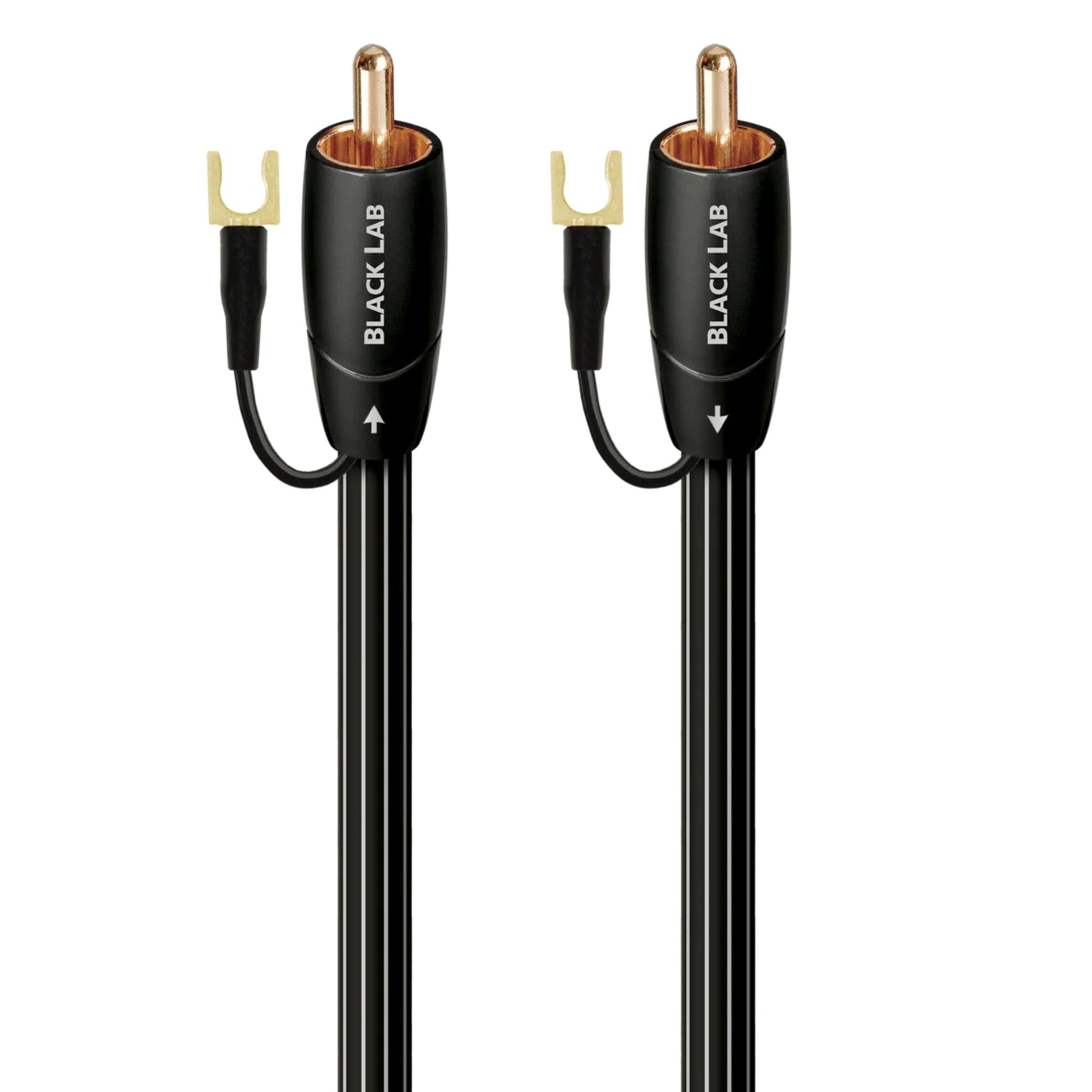Two Black Lab audio cables with RCA connectors on a white background