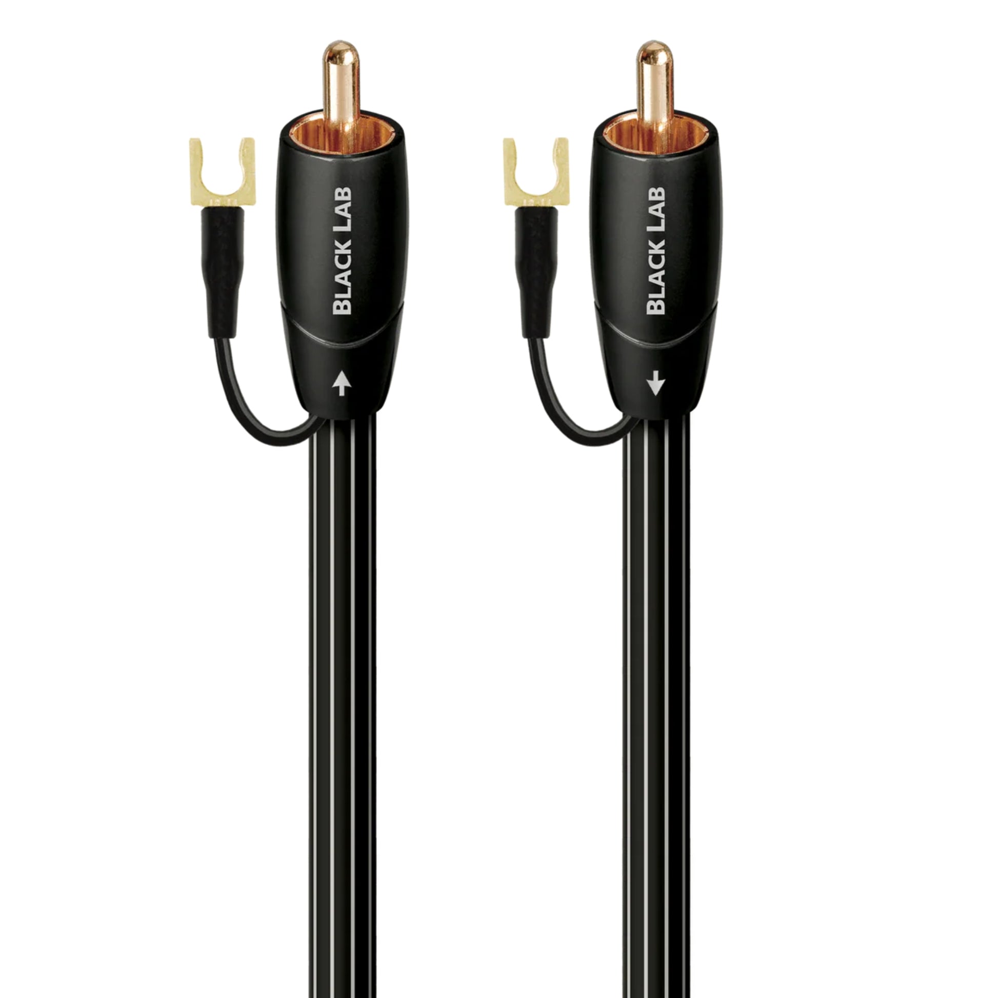 Two Black Lab audio cables with RCA connectors on a white background