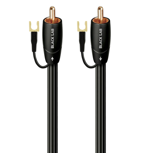 Two Black Lab audio cables with RCA connectors on a white background