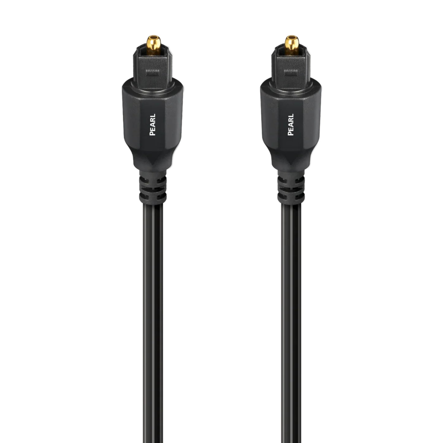 Two black Pearl audio cables with gold connectors on a white background