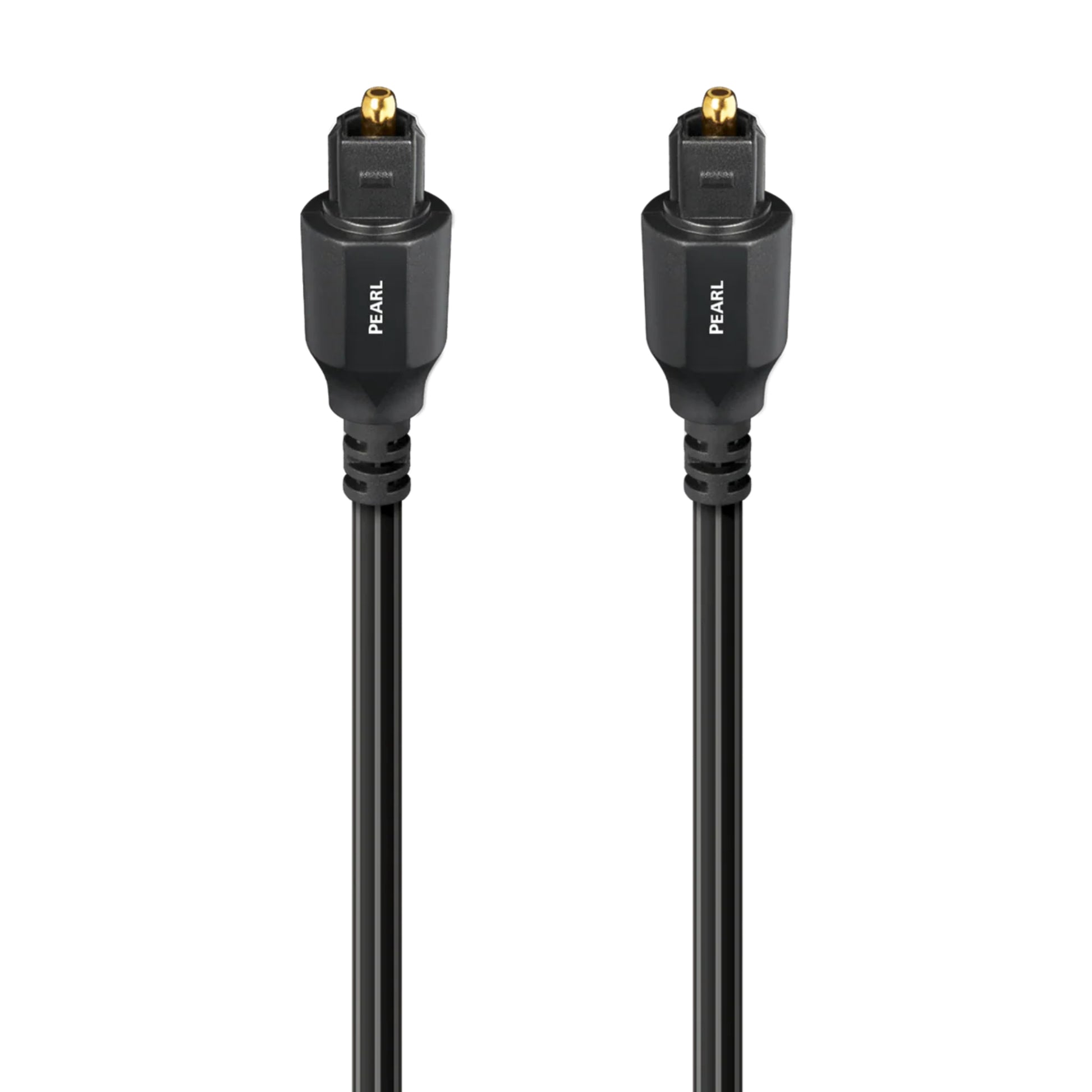 Two black Pearl audio cables with gold connectors on a white background