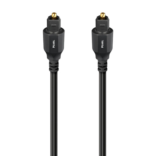 Two black Pearl audio cables with gold connectors on a white background