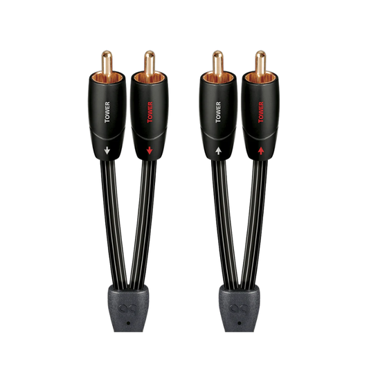 Two pairs of audio cables with RCA connectors on a white background